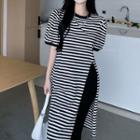 Striped Slit Midi T-shirt Dress Stripe - Black & White - One Size