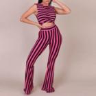 Set: Sleeveless Striped Twist Crop Top + Boot-cut Pants