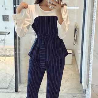 Set: Color Panel Long Sleeve Peplum Top + Slim Fit Pants