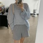 Long-sleeve Striped Sheer T-shirt / Wide-leg Shorts