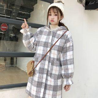 Plaid Hooded Long Jacket As Shown In Figure - One Size
