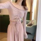 Off-shoulder Long-sleeve Slim-fit Cropped Top / Loose-fit Pants