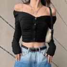 Long-sleeve Off Shoulder Button T-shirt