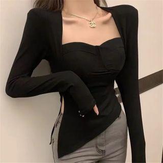 Long Sleeve Square-neck Side-tie Irregular-hem Crop Top