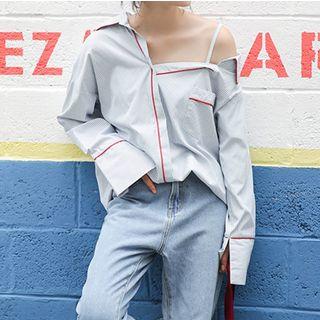Pinstriped Cold Shoulder Shirt As Shown In Figure - One Size