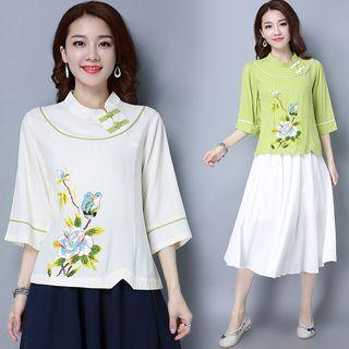 Floral Elbow-sleeve Stand-collar Top