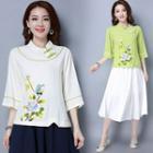 Floral Elbow-sleeve Stand-collar Top