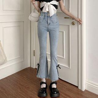 High-waist Bow-accent Split Jeans