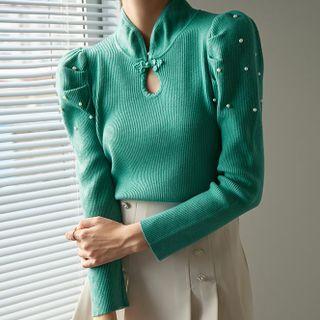 Puff-sleeve Mandarin Collar Knit Top