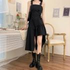Plain Elastic Waist Pinafore Dress Black - One Size