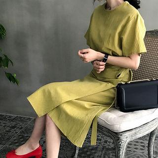 Set: Short-sleeve Linen Blend Top + Midi Wrap Skirt