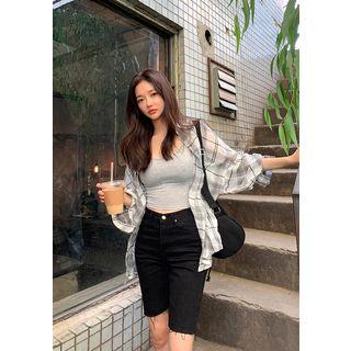 Loose-fit Sheer Plaid Shirt Black - One Size