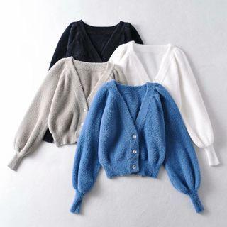 Puff-sleeve V-neck Plain Cropped Cardigan