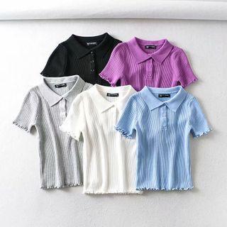 Lettuce Edge Polo-neck Short-sleeve Rib Knit Top