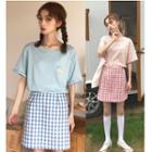 Elbow-sleeve Printed T-shirt / Checker Mini Pencil Skirt