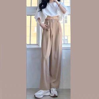 Puff-sleeve Cropped Blouse / Straight Leg Pants