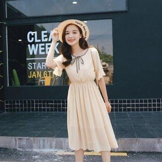 Ruffle Sleeve Tie-neck Chiffon Dress