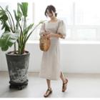 Puff Elbow-sleeve Tie-waist Linen Blend Long Dress