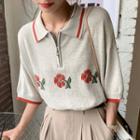 Short-sleeve Flower Polo Shirt Gray Beige - One Size