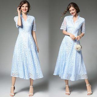Stand Collar Lace A-line Midi Dress