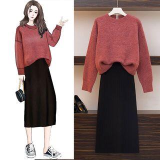 Plain Crew-neck Sweater / Midi Straight-fit Skirt / Set