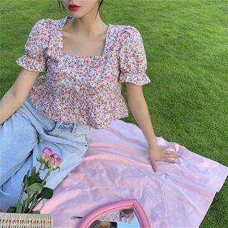 Floral Square-neck Short-sleeve Blouse As Figure - One Size