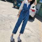 Mock Two-piece Elbow-sleeve Cropped Denim Jumpsuit