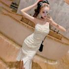 Leaf Print Ruffle Hem Spaghetti Strap Sheath Dress