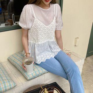 Set: Puff-sleeve Top + Knit Panel Camisole Top