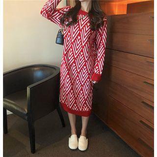 Long Sleeve Pattern Knit Dress Dress - Red - One Size