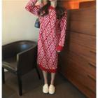 Long Sleeve Pattern Knit Dress Dress - Red - One Size