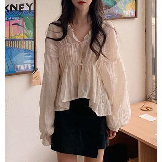 Long-sleeve Plain Ruffled Top Off-white - One Size