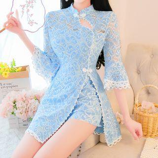 Set: Elbow-sleeve Lace Mini Qipao Dress + Shorts