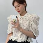Puff-sleeve Floral Print Blouse Purple Floral - White - One Size
