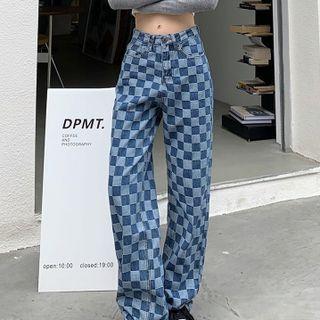 Checkerboard Washed Wide Leg Jeans