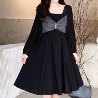 Puff-sleeve Shirred Mesh Bow A-line Dress