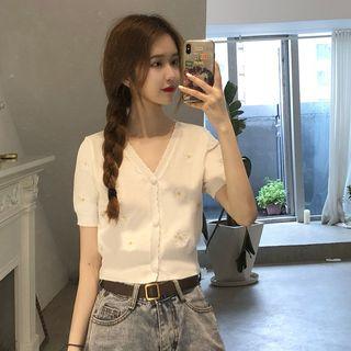 Short-sleeve V-neck Floral Embroidered Knit Top White - One Size