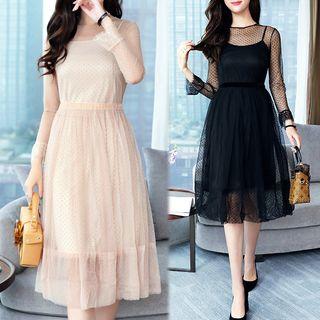 Set: 3/4-sleeve Sheer Midi Dress + Slipdress