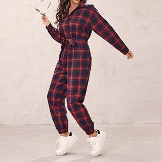 Long-sleeve Plaid Collar Tie-waist Jumpsuit