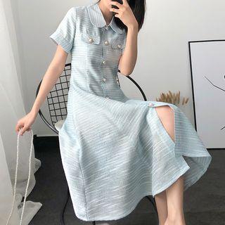 Collared Short-sleeve Pinstripe Dress
