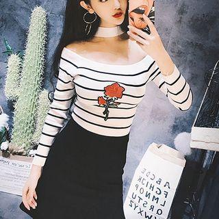 Floral Stripe Off-shoulder Long-sleeve Top