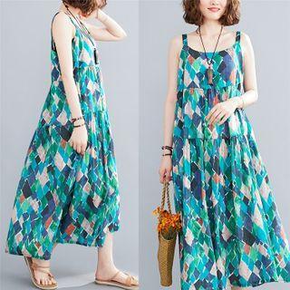 Spaghetti Strap Printed Midi A-line Dress Green - One Size