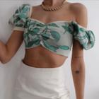 Puff Sleeve Square-neck Printed Crop Top