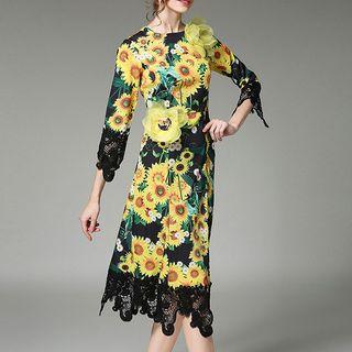 Lace Trim Floral Print Midi A-line Dress