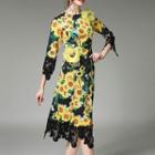 Lace Trim Floral Print Midi A-line Dress