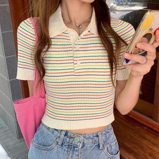 Short-sleeve Collared Striped Knit Top Yellow & Red & Green Stripe - White - One Size