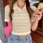 Short-sleeve Collared Striped Knit Top Yellow & Red & Green Stripe - White - One Size