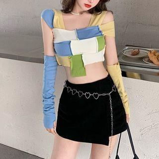 Cold-shoulder Cropped Paneled T-shirt As Shown In Figure - One Size