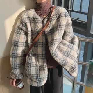 Faux Shearling Plaid Jacket White - One Size