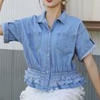 Ruffle Hem Short-sleeve Denim Shirt